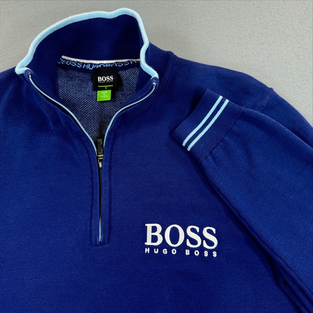 Hugo Boss Mens Quarter Zip Pullover Sweater Blue Logo Size S 3466